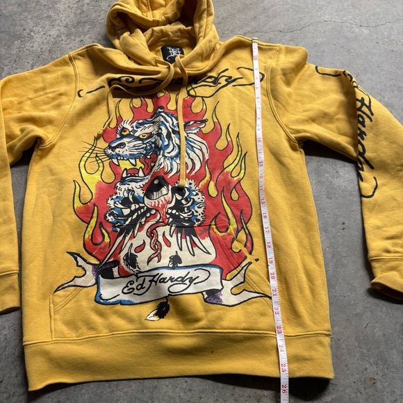 Ed Hardy Men’s Mustard Yellow Dragon Tattoo Hoodie Sz S Y2k Grunge Hipster - Picture 6 of 8